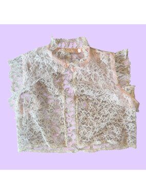 Vintage Romantic Pastel Pink Sheer Floral Lace Bolero Capelet Jacket Over Throw
